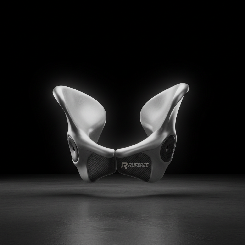 Rufuree hip unit product close-up on dark surface, clean product photography, dim studio lighting