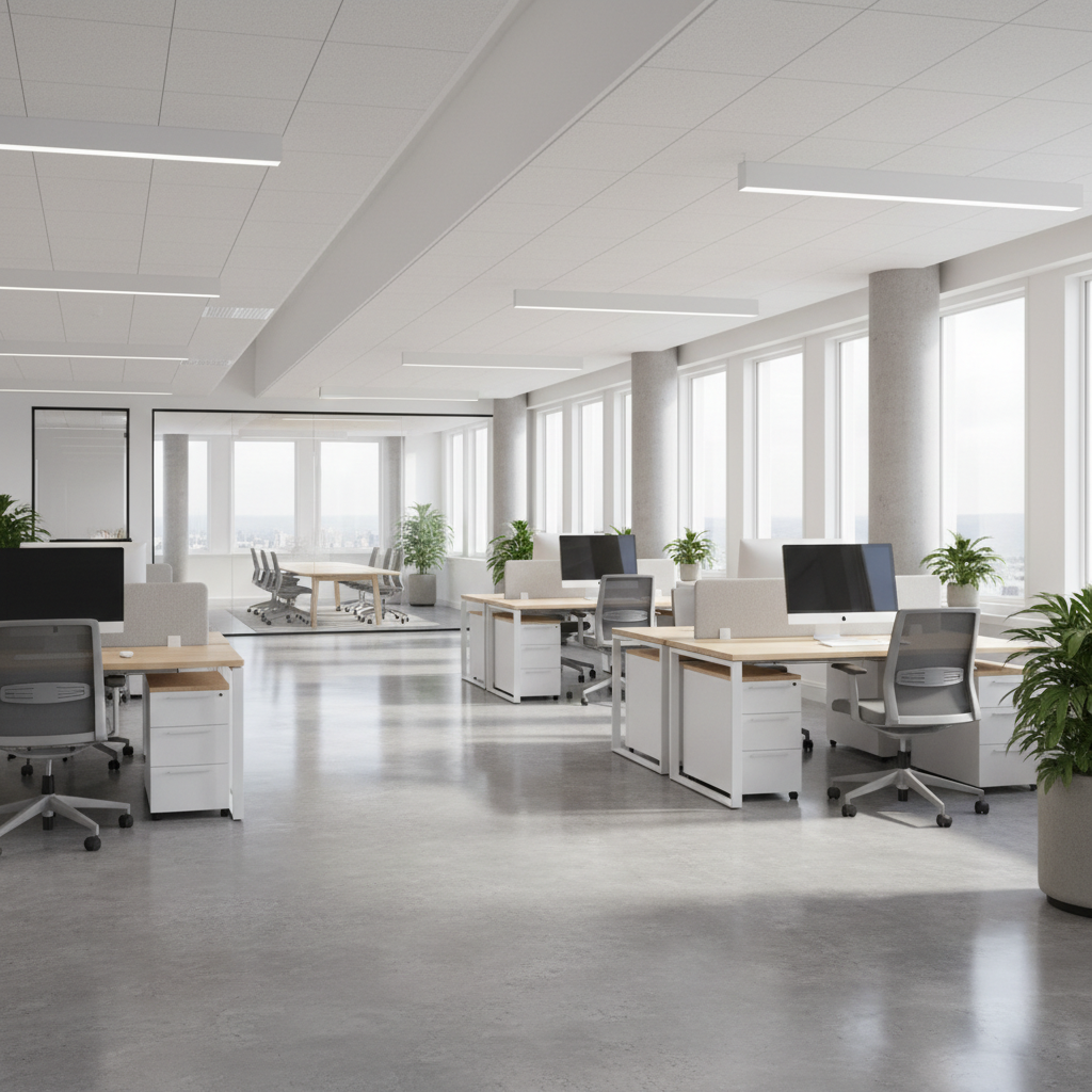 Clean modern commercial interior space with polished concrete floors and professional renovation finishes