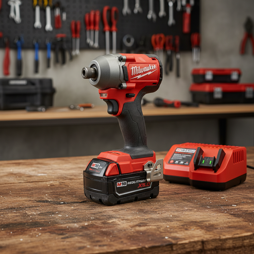 Milwaukee red impact driver on workshop pegboard with accessories