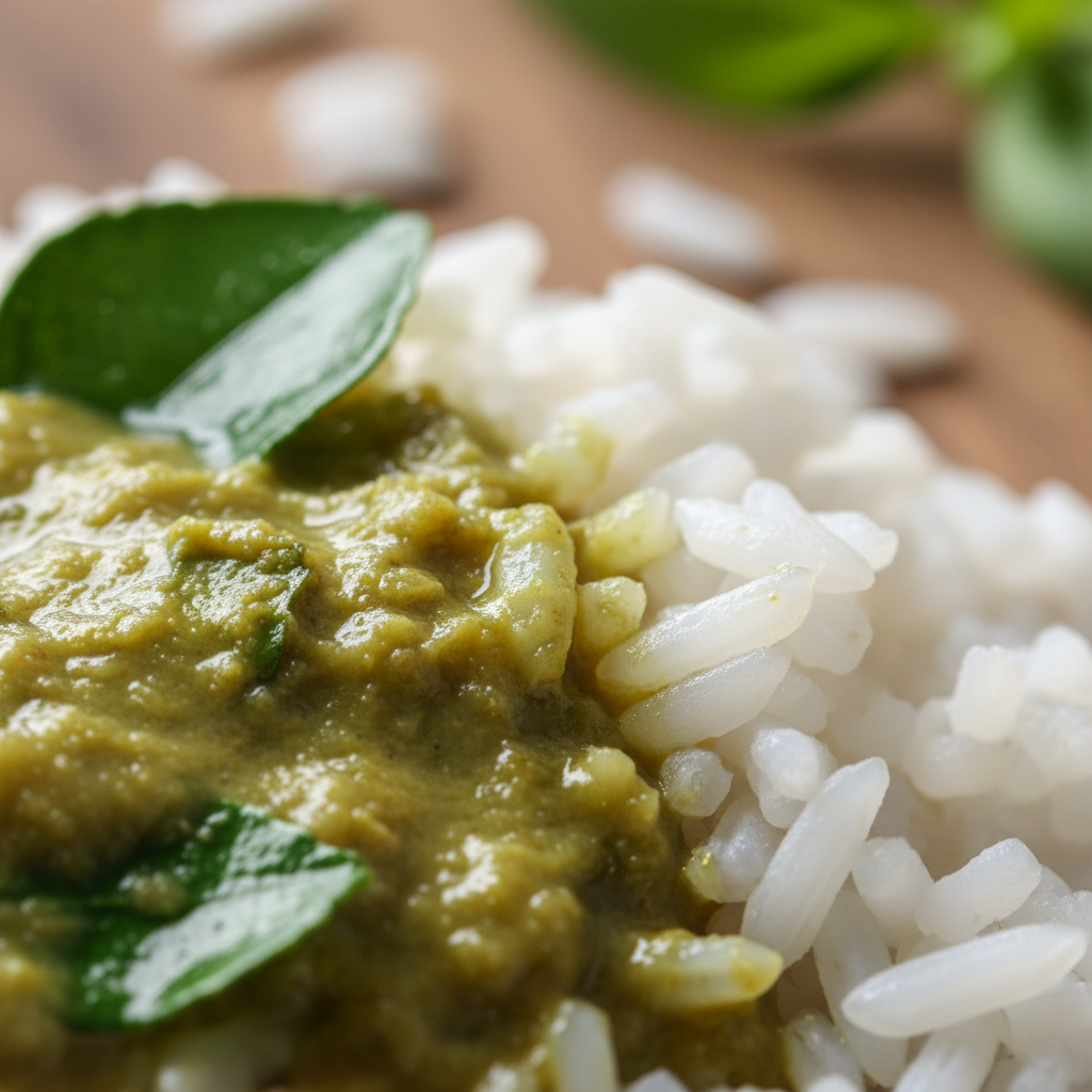 Close-up macro of jasmine rice grains with green curry sauce