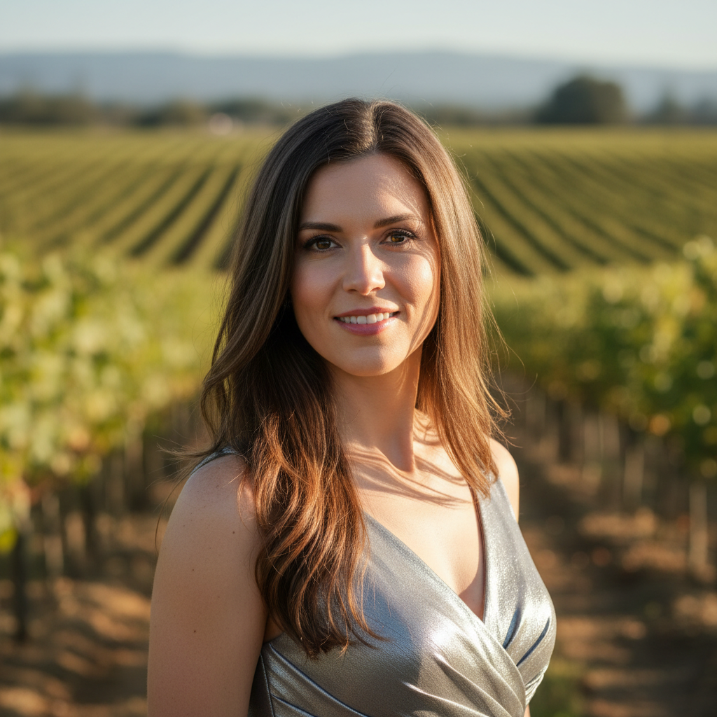 Professional woman with long brown hair and warm smile wearing elegant silver dress in outdoor vineyard setting with natural lighting