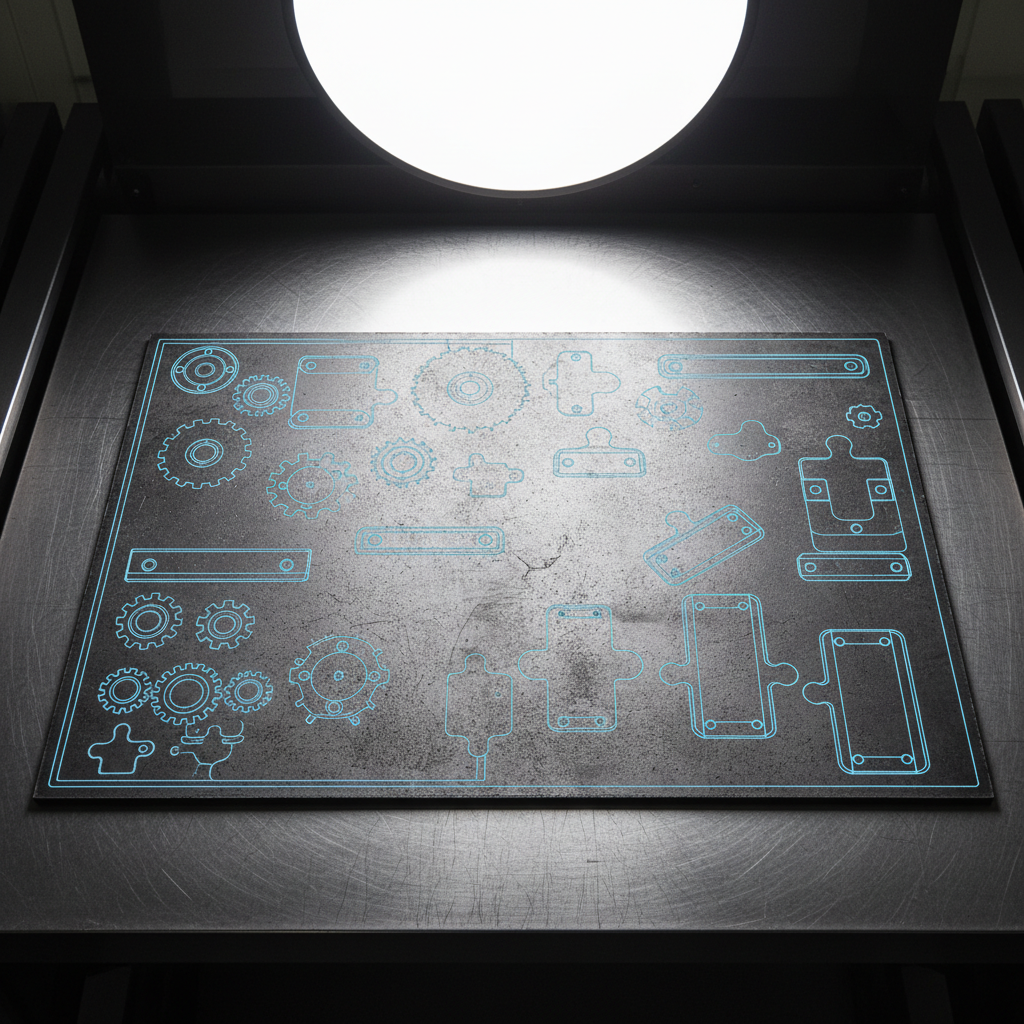 Raw steel sheet with DXF outlines — flat stock before laser cutting