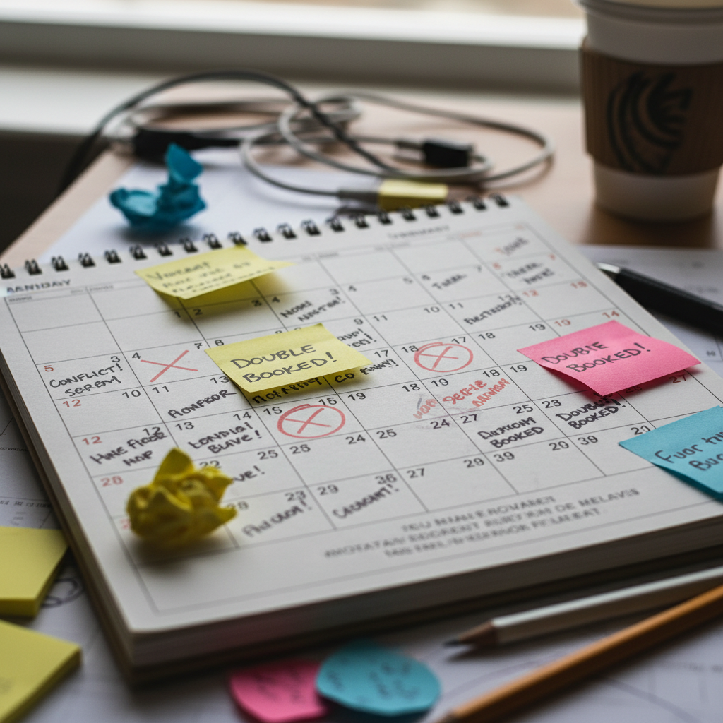 Cluttered paper calendar with phone and scheduling conflicts marked in red