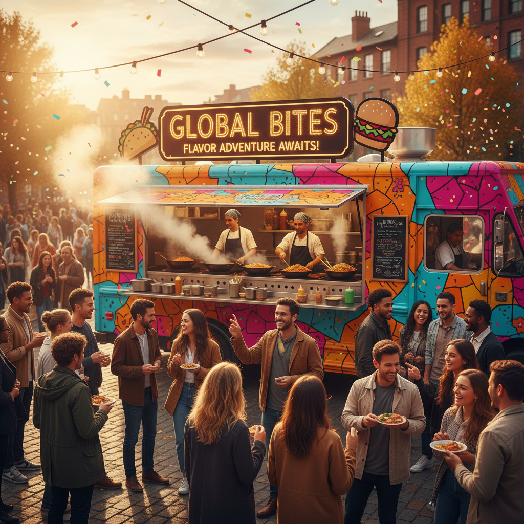 Crowd gathering around a vibrant food truck at a bustling weekend festival souk at golden hour