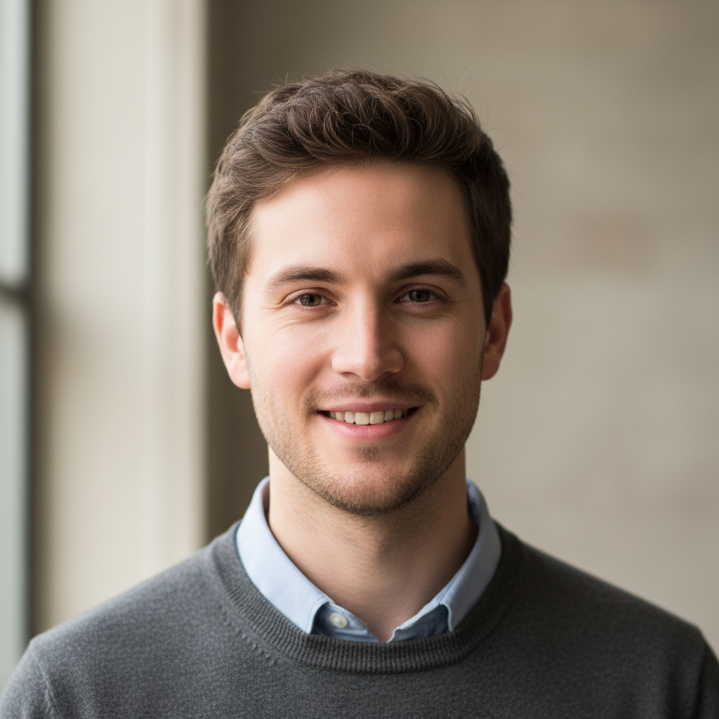 Professional headshot of Marcus Chen, software engineer in his 30s, smiling in a bright office environment