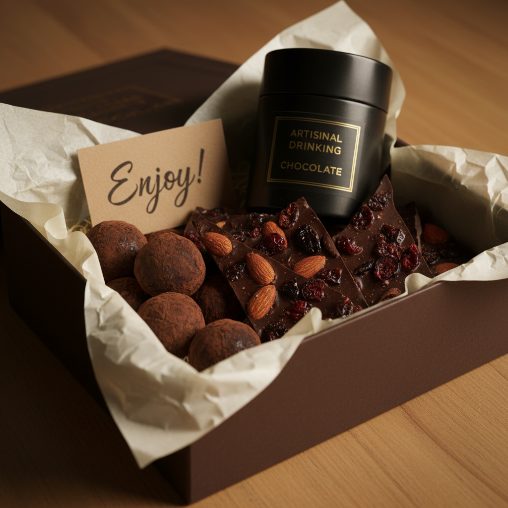 Open gift box with dark chocolate truffles, bark slabs, and a drinking chocolate tin nestled in ivory tissue paper with a handwritten kraft card