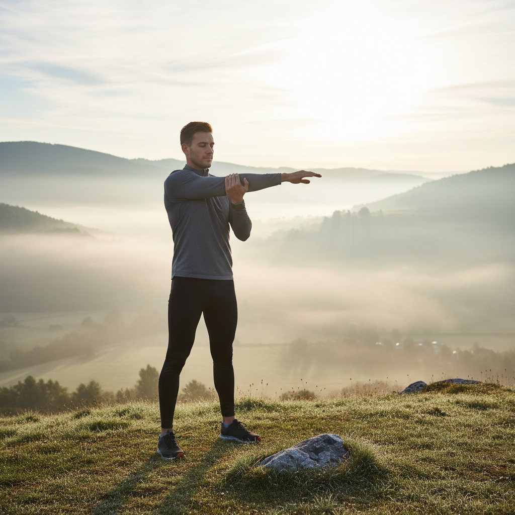 Athlete performing morning shoulder mobility stretch outdoors at dawn with misty background