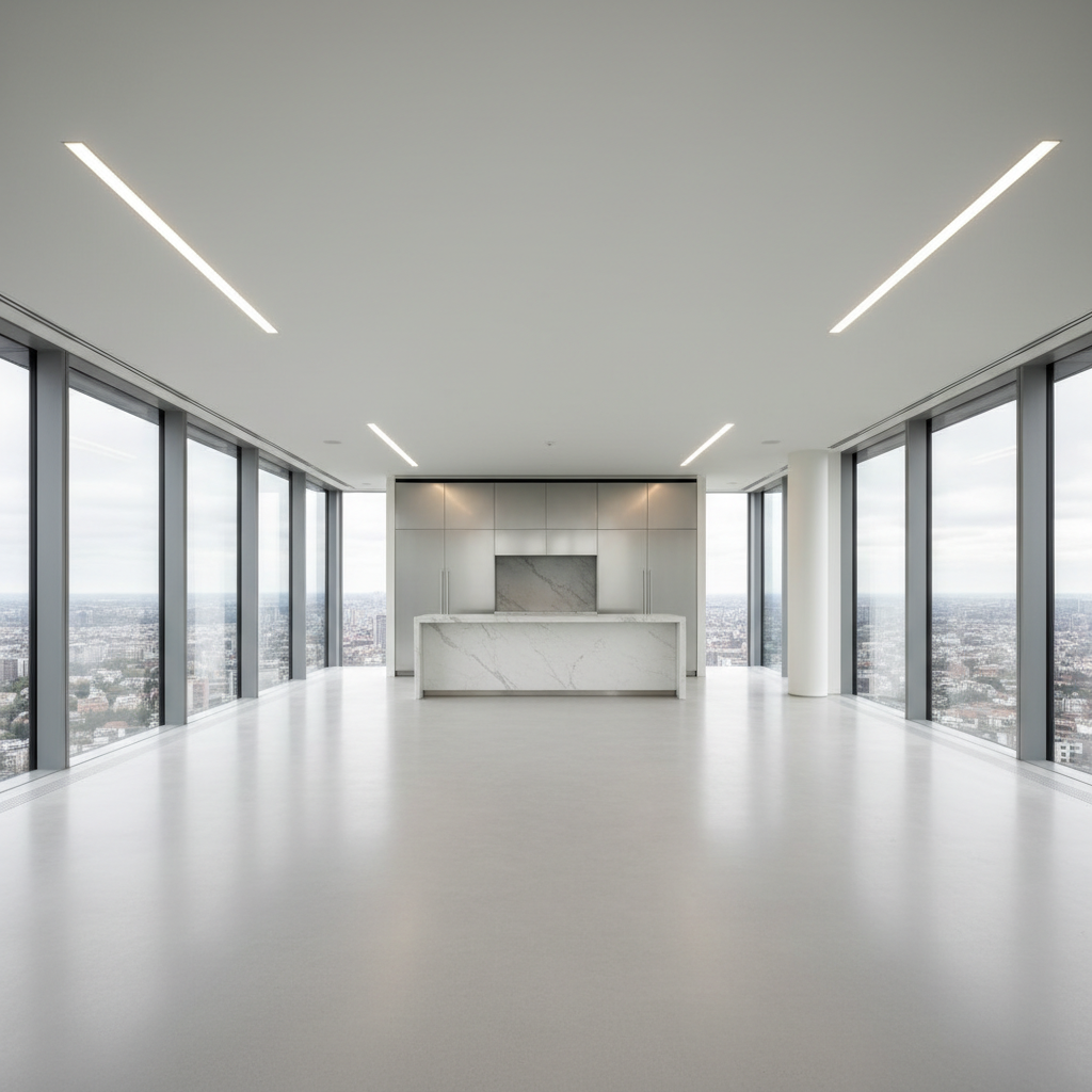 Sterile wide-angle MLS listing photo of empty luxury penthouse with flat lighting and no engagement