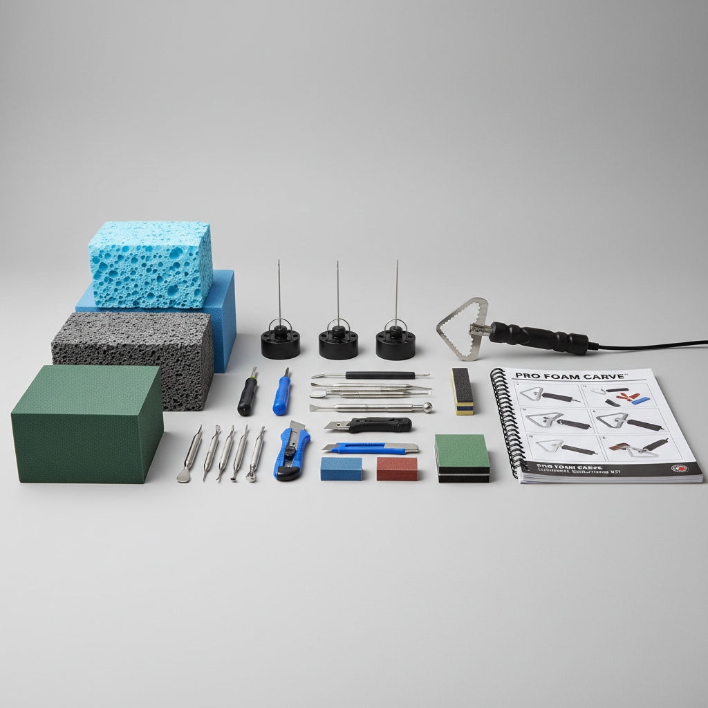 Professional foam carving kit with tools, EVA foam blocks in multiple densities, and instruction booklet