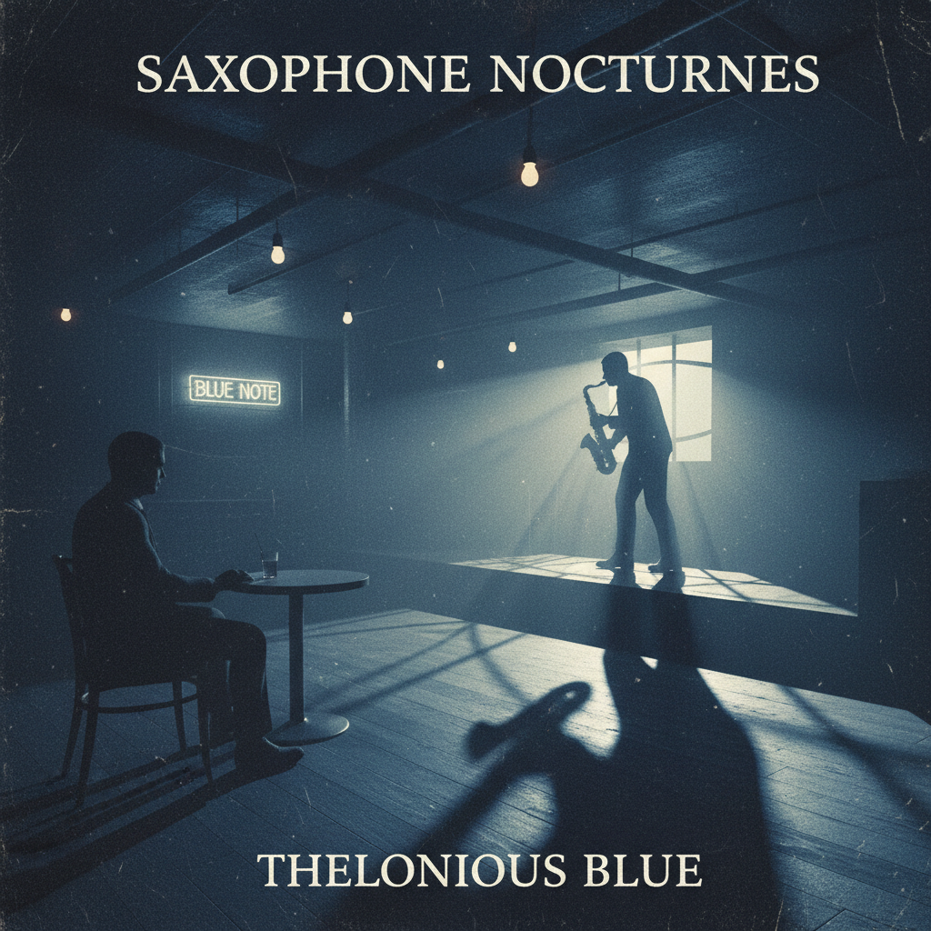 Musician playing saxophone in moody jazz club with dim lighting