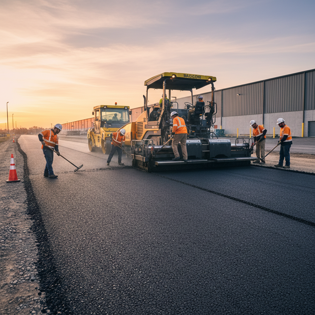 Paving crew operating asphalt paver at industrial park job site at dawn