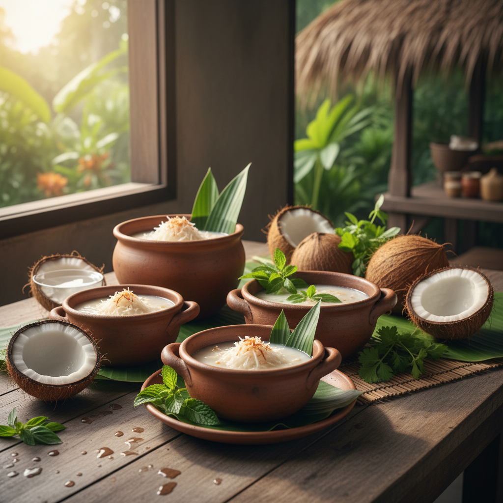 Young coconut dishes in clay pots surrounded by fresh herbs and coconut shells