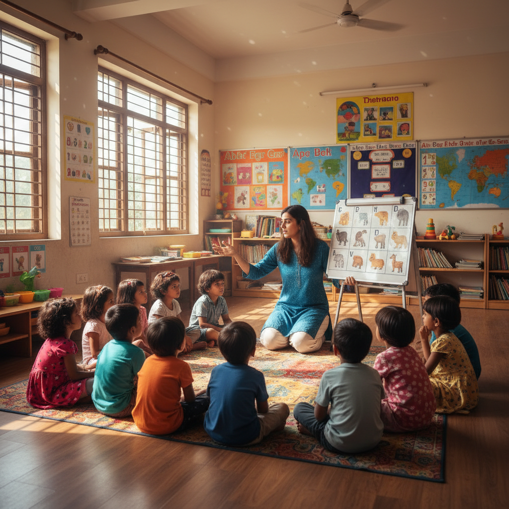 Dharmam Trust volunteer teaching Indian children in a Chennai classroom setting