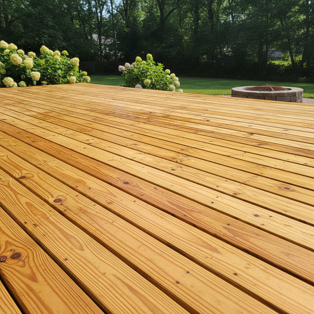 Pressure washer cleaning weathered gray wooden deck boards, water spray visible, bright outdoor daylight