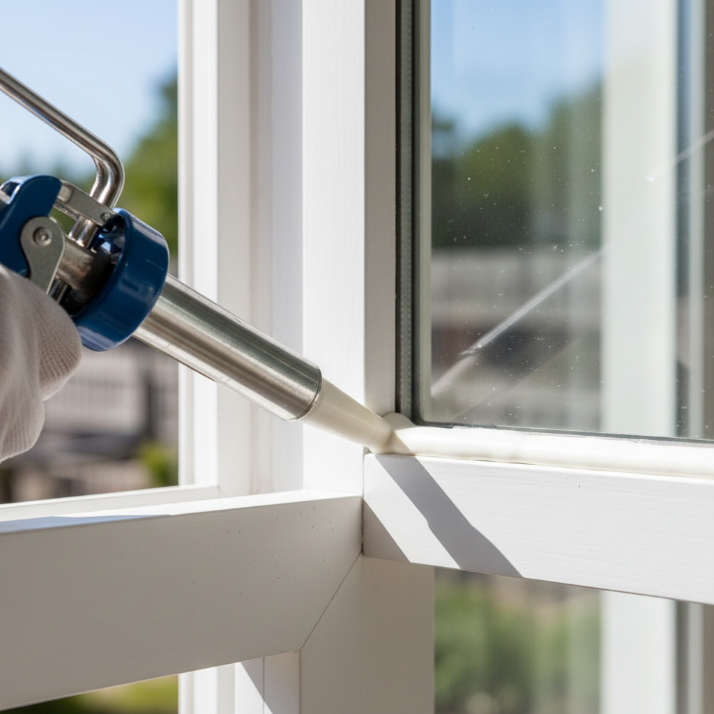 Caulk gun drawing a clean bead of silicone along a window sash frame in bright daylight