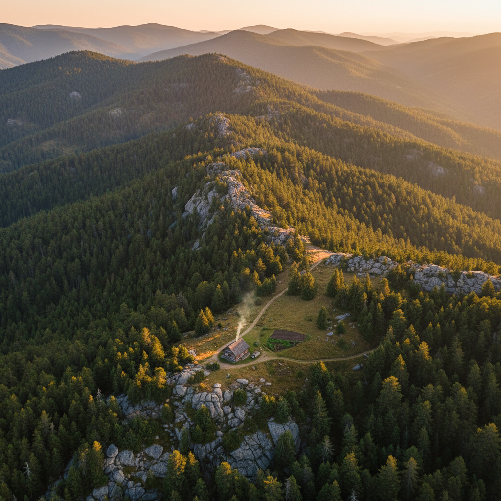 Aerial view of forested mountain ridgeline at golden hour with cabin clearing visible