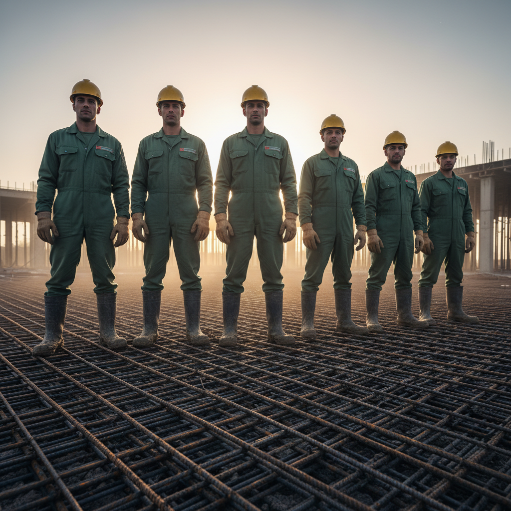 Crew of six workers lined up at dawn in matching Uniform workwear, muddy boots on rebar