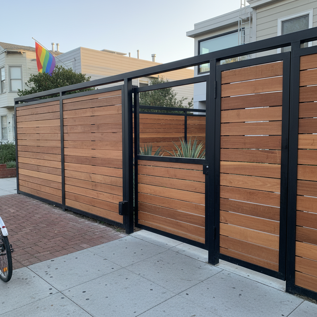 Castro District horizontal cedar slat fence with black steel frame and automatic gate