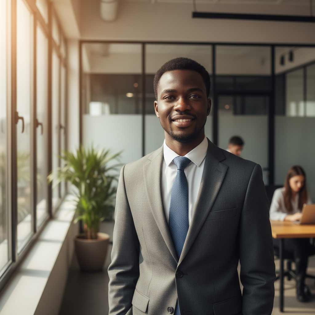 Young African man in modern office environment, professional smart attire, focused determined expression