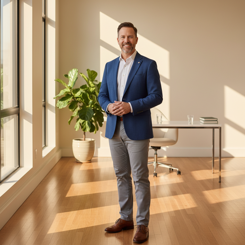 Marcus Webb, clinical nutritionist, in a bright consulting room with warm natural light