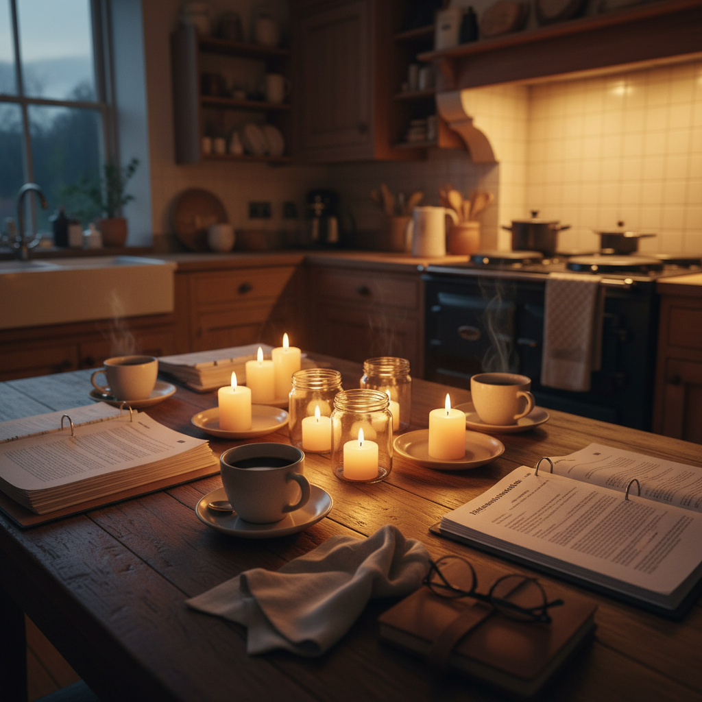 Warm candlelit kitchen table with coffee cups and legal documents, intimate evening gathering