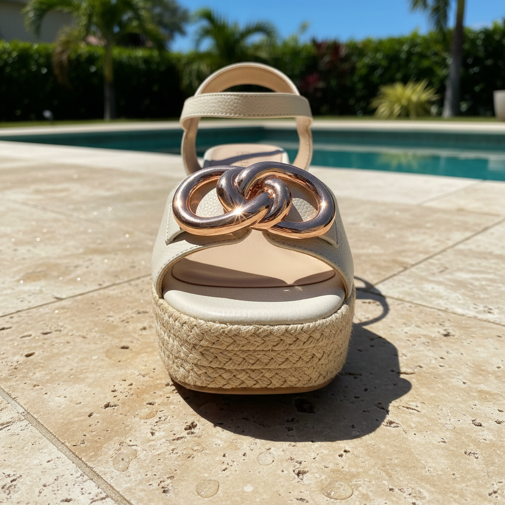 Wedge sandal with cork platform on whitewashed terrace, bright Mediterranean sun, architectural background