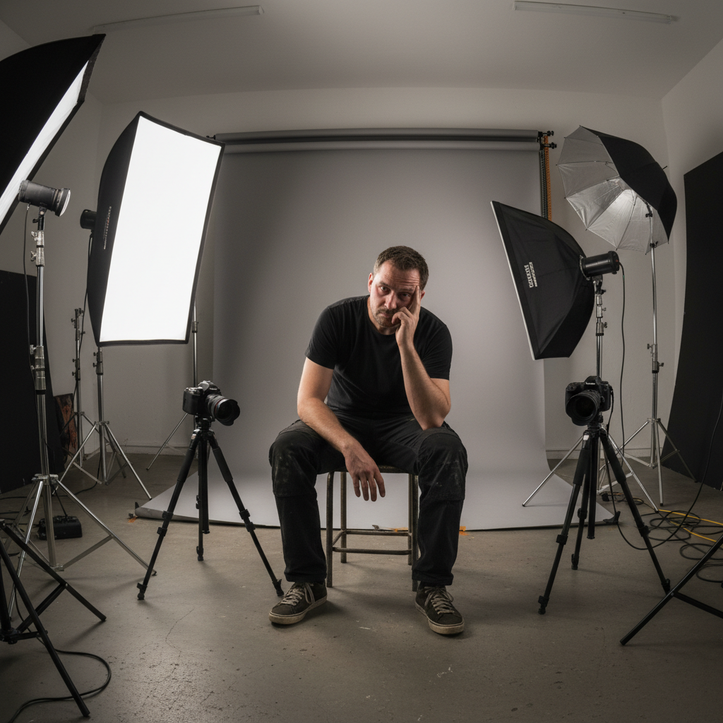 Professional photographer in a studio surrounded by equipment, looking tired and distant, no personal work visible