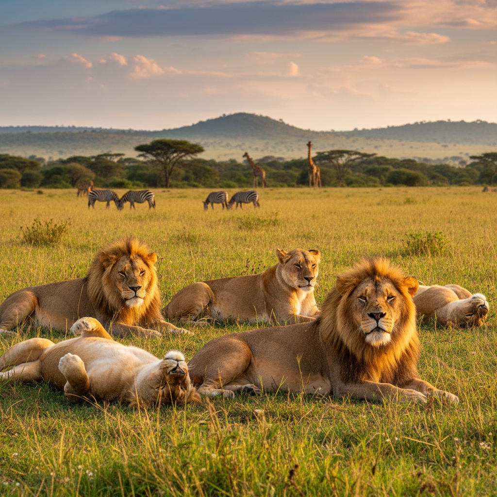 Lion resting in Maasai Mara, golden savanna, Big Five wildlife Kenya