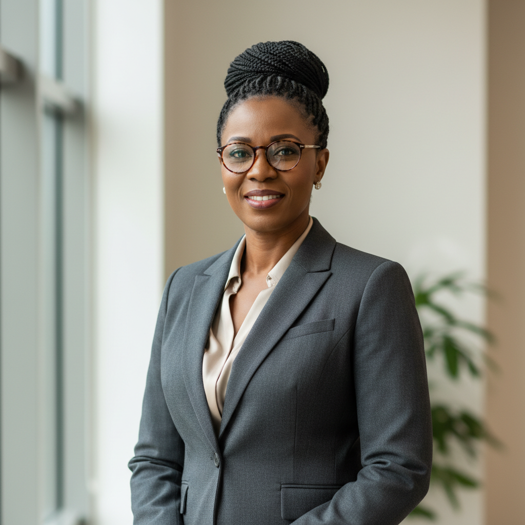 Professional Nigerian woman with elegant appearance, sophisticated smile, professional setting