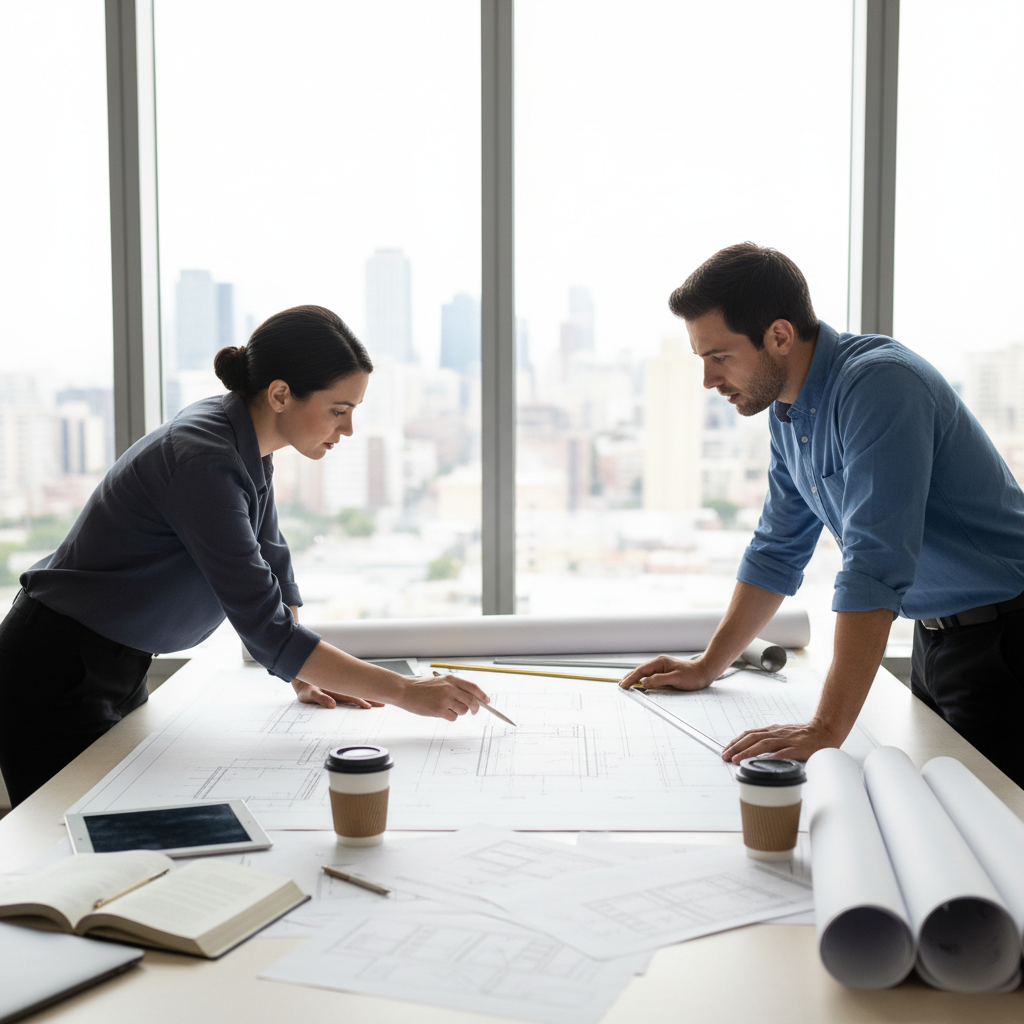 Architect reviewing detailed construction blueprints at a well-lit drafting table with precise engineering drawings