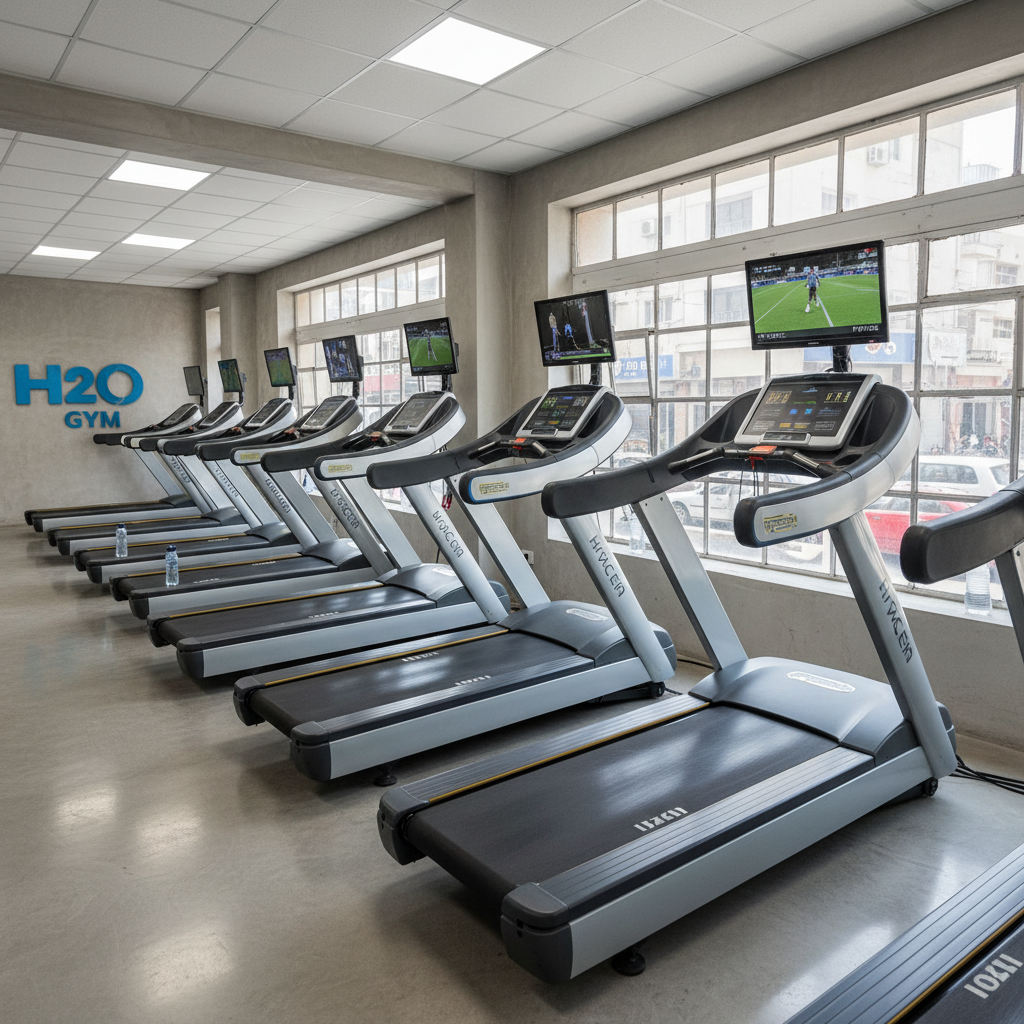 Modern premium gym floor with rows of cardio machines each equipped with personal screens