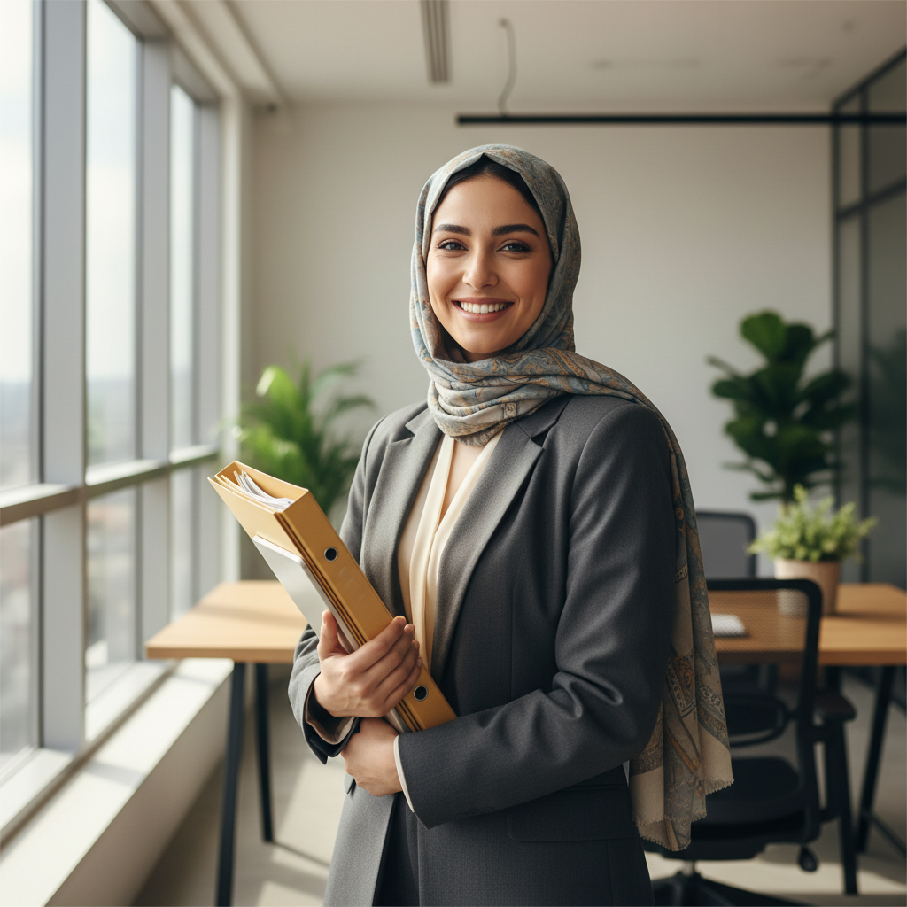مهندسة سعودية في الثلاثينيات تحمل ملفات هندسية وتبتسم في مكتب مضاء بإضاءة طبيعية