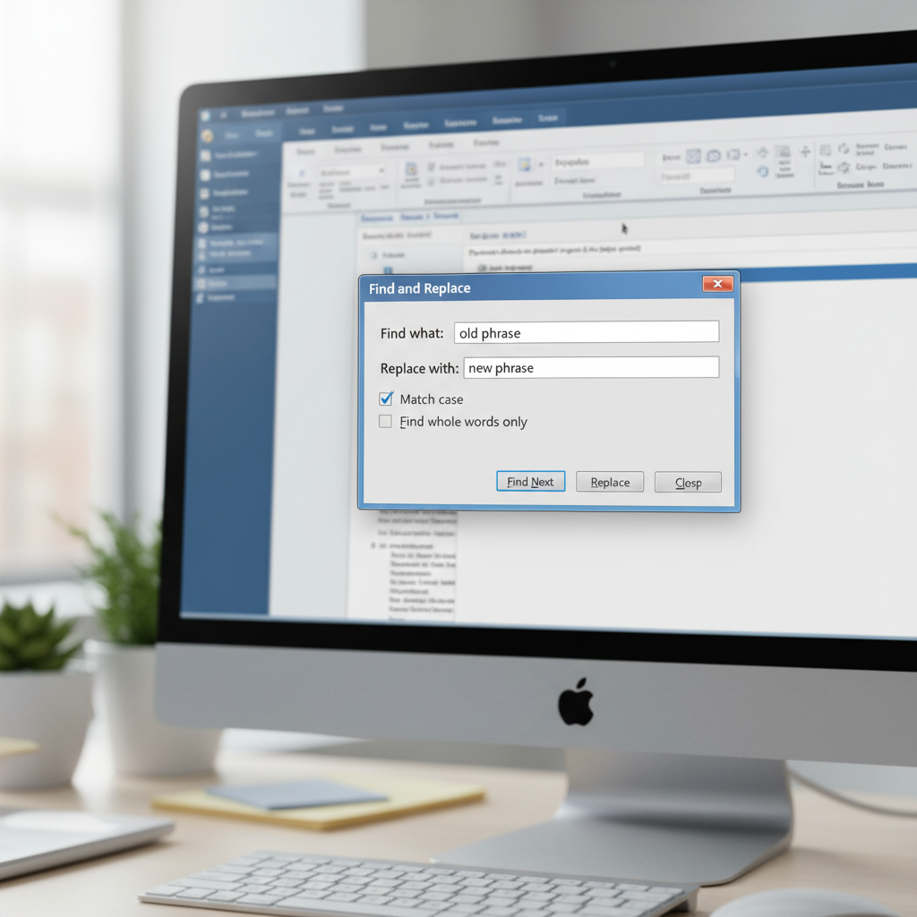 Layar komputer menampilkan dialog pencarian dan penggantian teks dengan antarmuka Word di kantor terang