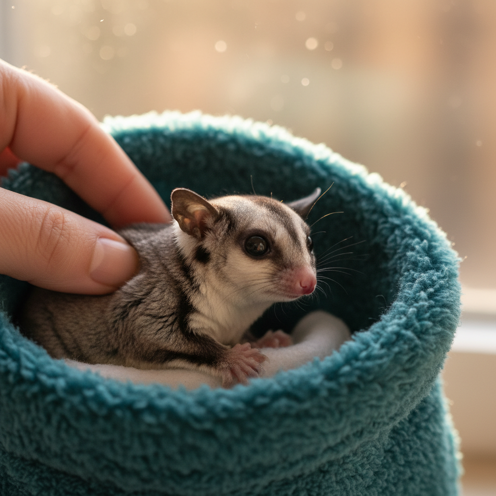 Freshly groomed sugar glider being gently placed back into warm fleece bonding pouch