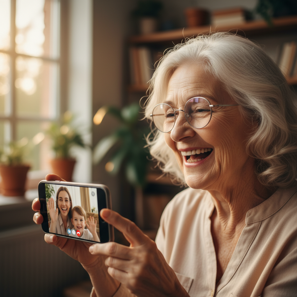 Elderly woman mid-laugh holding a phone with a FaceTime call visible, seated in a warm living room with window light catching her reading glasses