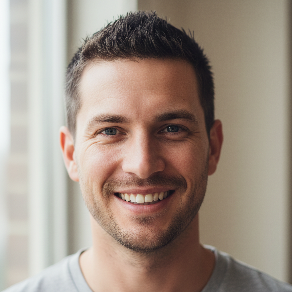 Client with textured buzz cut grinning at camera