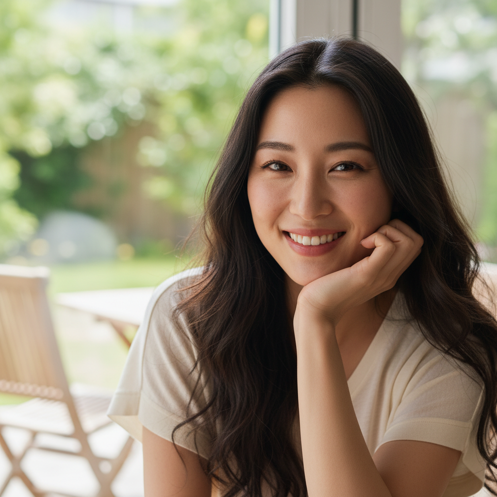 Smiling East Asian woman in casual attire in bright natural daylight