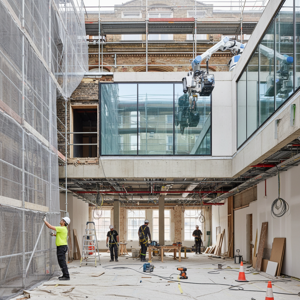 General home construction repair work, bright construction site, workers in safety gear, professional renovation