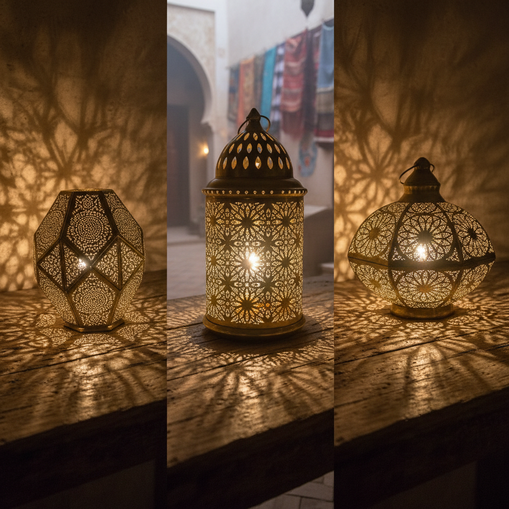 Set of three brass lanterns with pierced geometric patterns casting warm shadows