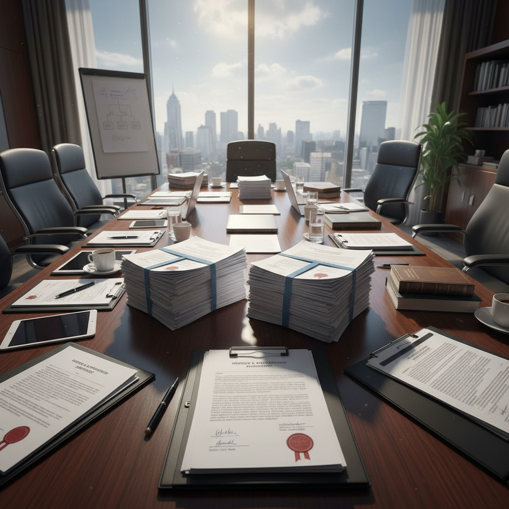 Business negotiation documents on table