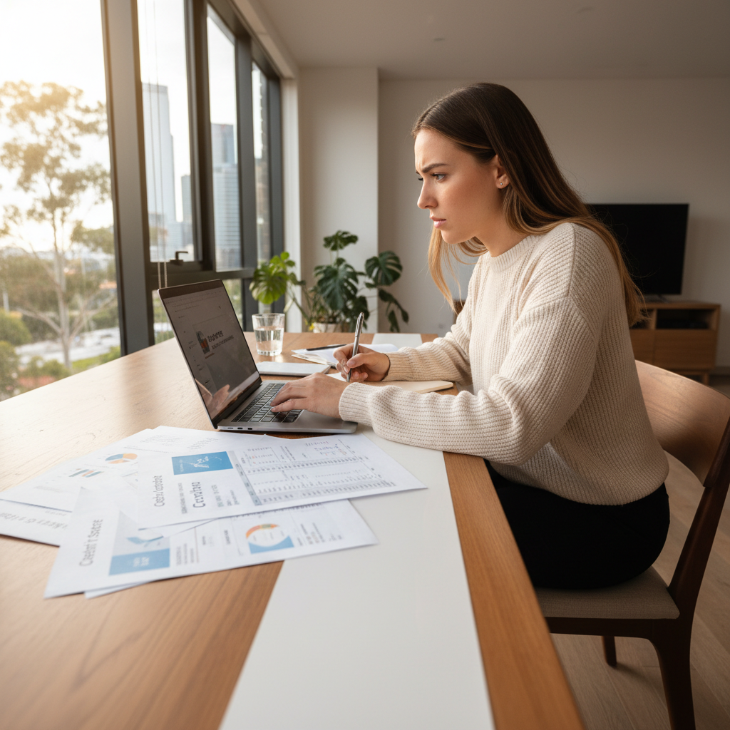 Person reviewing credit report on laptop at bright clean desk with natural window light