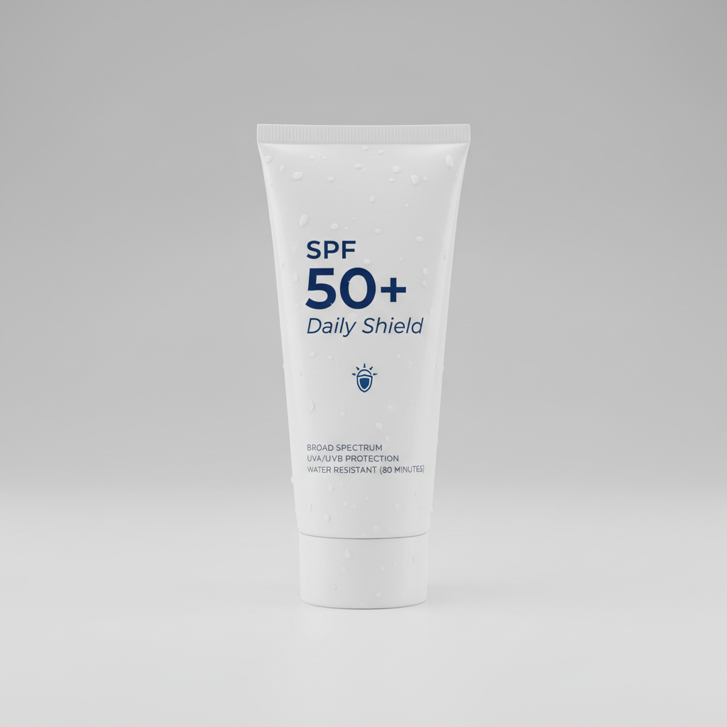SPF 50+ PA++++ Sunscreen 50g tube with clean minimal label on ivory surface
