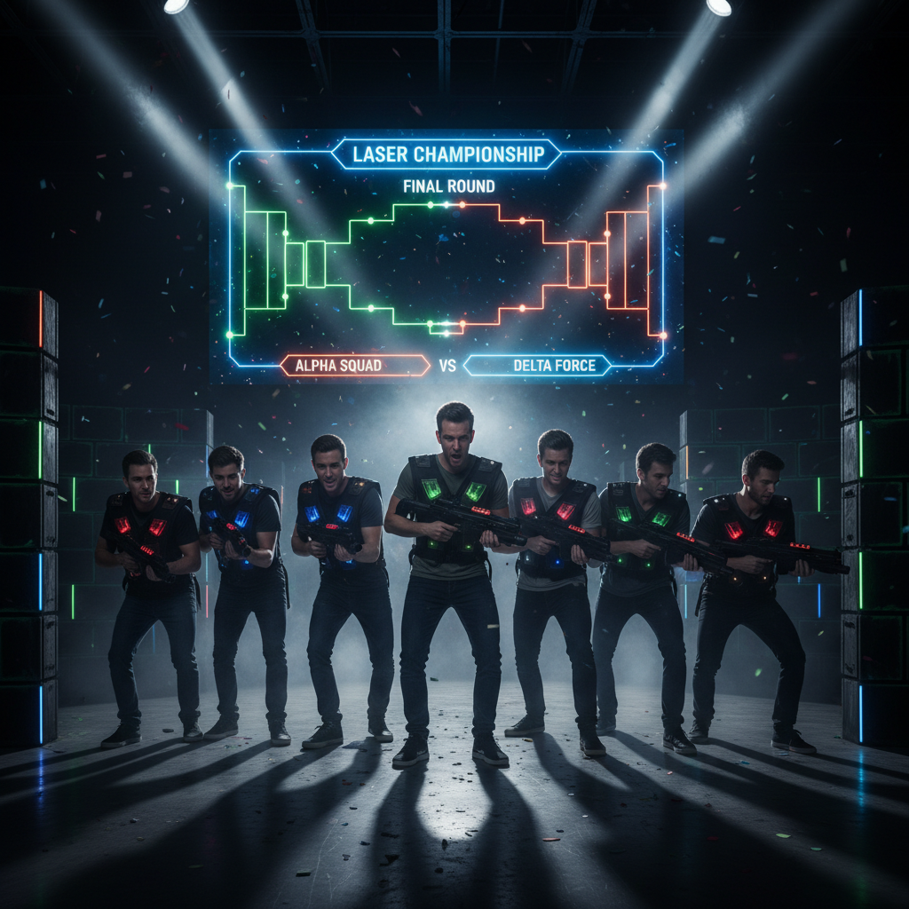 Tournament bracket on screen, players in laser tag vests lined up for final round
