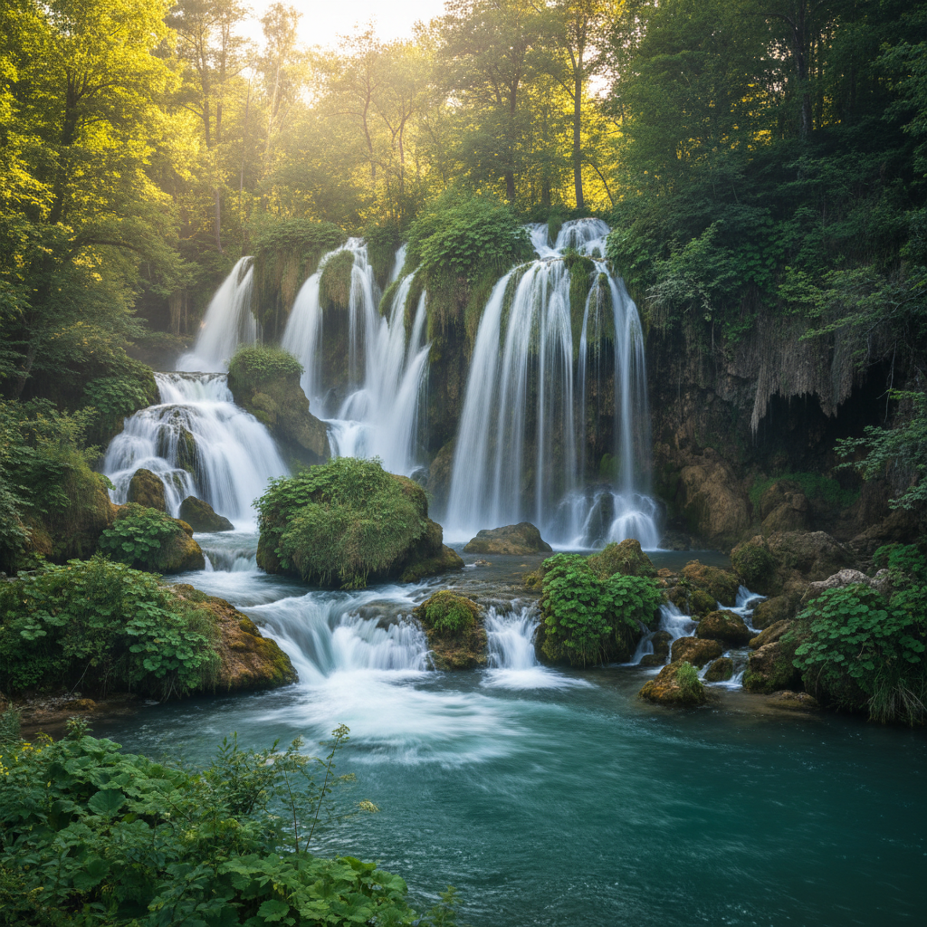 Štrbački buk waterfall in Una National Park with dramatic water cascades