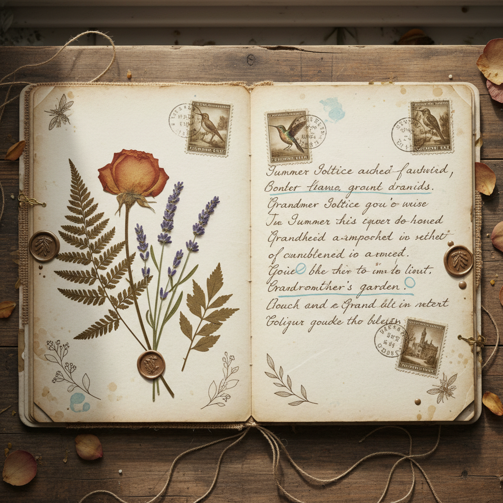 Scrapbook spread with botanical pressed flowers, vintage stamps, and handwritten journaling on cream cardstock