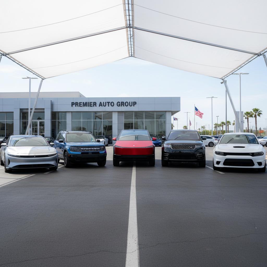 Row of new cars at a US dealership lot showing various makes and models available for sale in 2026