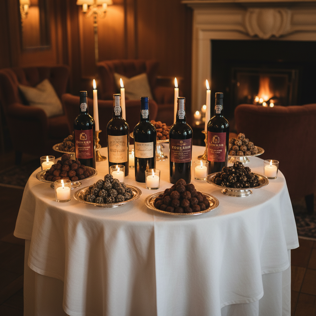 Luxurious dessert table with candles in dim atmospheric setting, deep shadows, dark velvet background