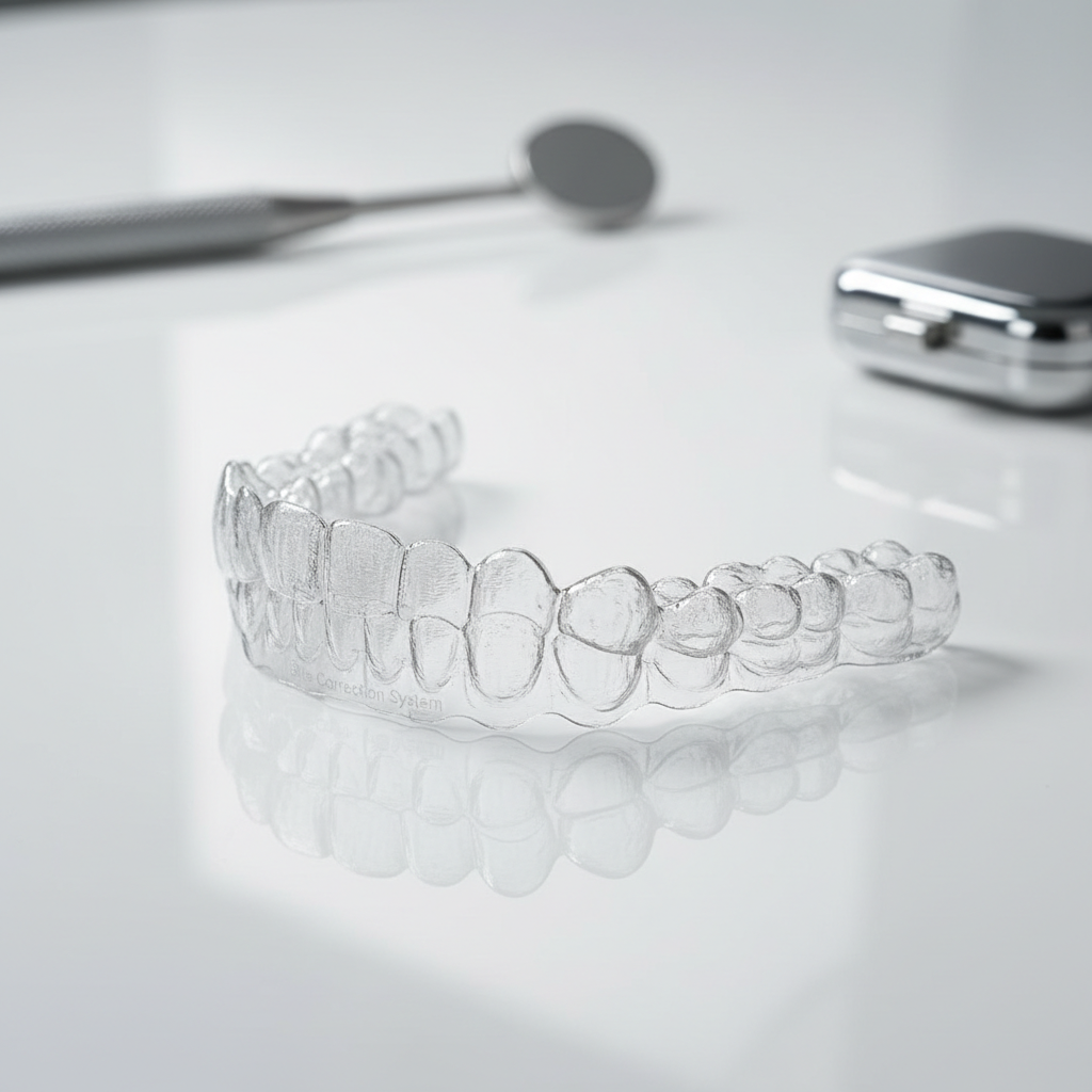 Clear Invisalign aligner trays displayed on clean white surface in modern dental office