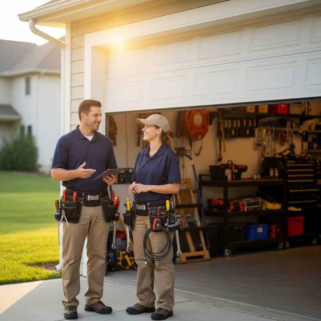 Two home service technicians in navy uniforms reviewing equipment at a job site, bright outdoor lighting, residential neighborhood
