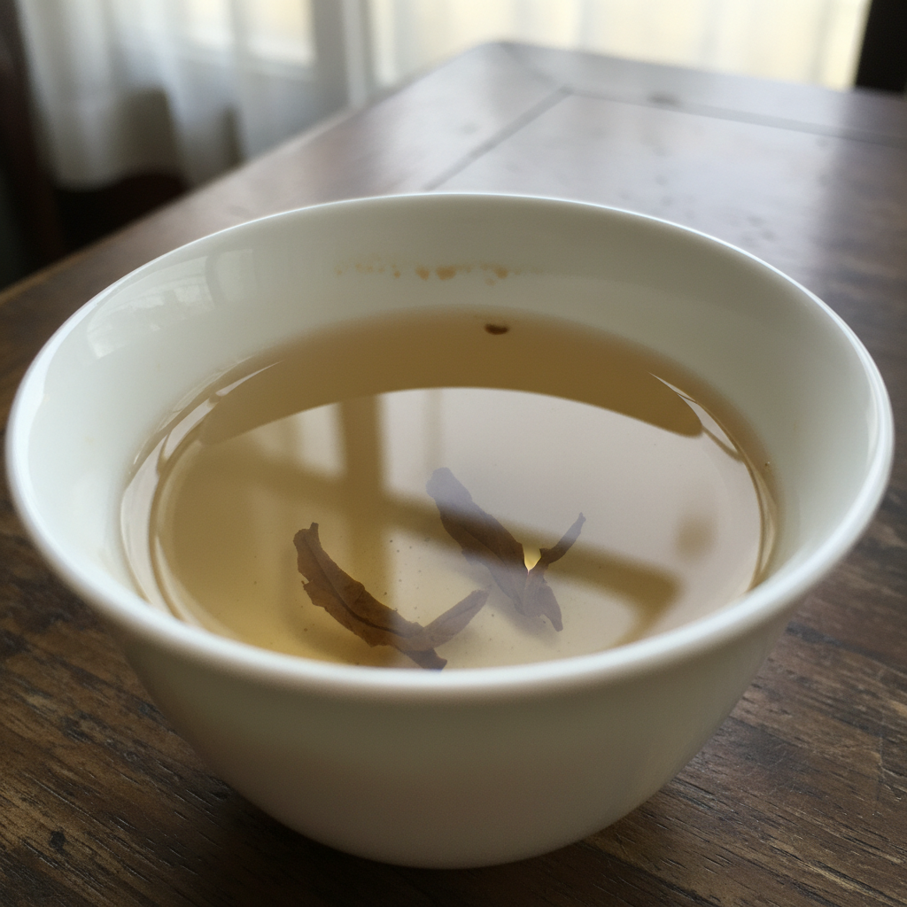Hot tea in cup with tea leaves on wooden surface warm light
